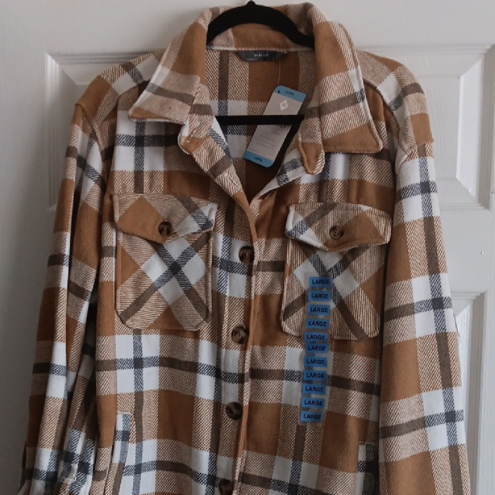 Plaid Button-Up Shacket - Tan and White
